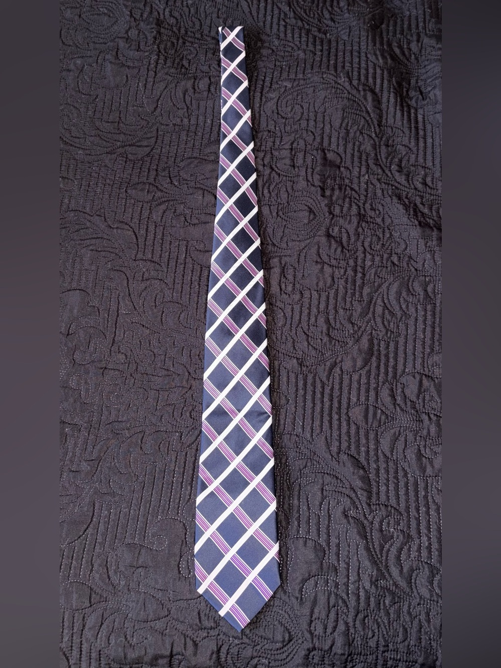 Frangi Navy Plaid Silk Tie with Pink & White Accents